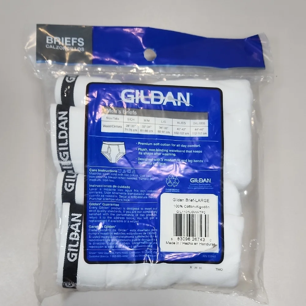 Gildan White Men’s Briefs 2-Pack with Black Branded Waistband - Picture 3 of 3